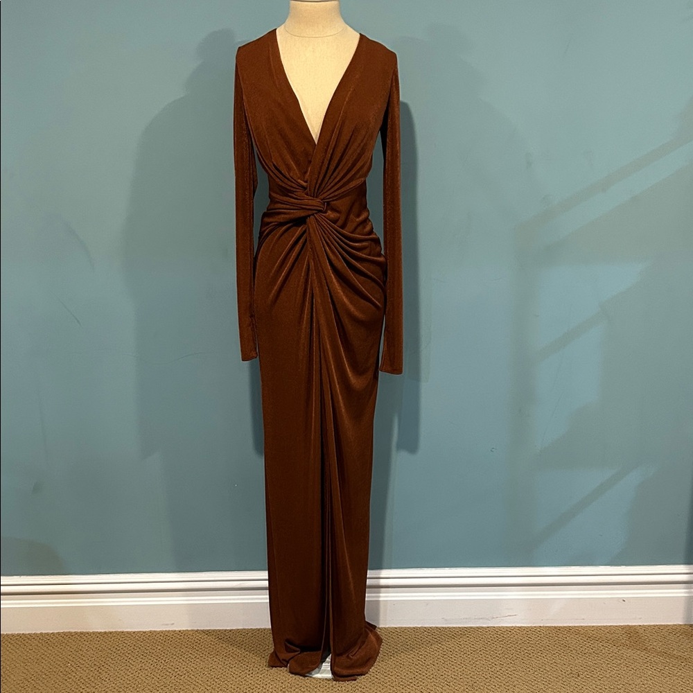 Katie May In A Mood Ruched Cutout Long Sleeve Gown sz Small Brown Wedding Formal